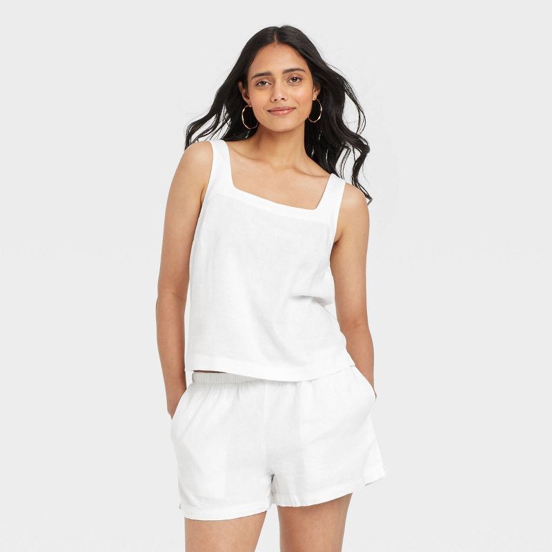 slide 1 of 3, Women's Linen Tank Top - A New Day™ White L: Loose Fit, Squareneck, Sleeveless, Midweight Fabric, 1 ct