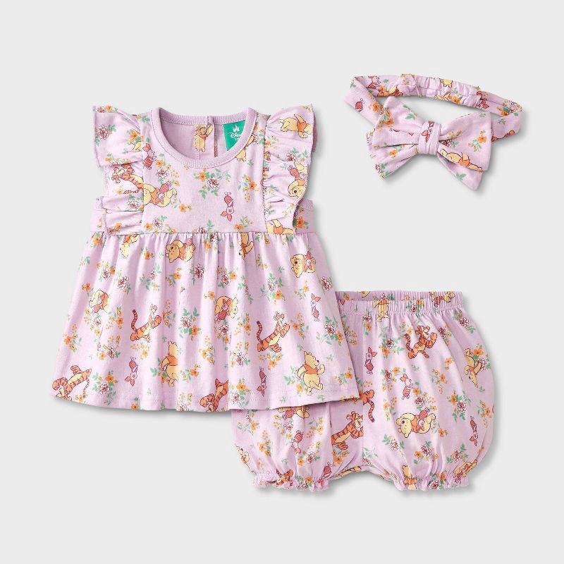 slide 1 of 4, Baby Girls' 3pc Disney Winnie The Pooh Top & Bloomer Shorts Set with Headband - Purple 3-6M, 3 ct