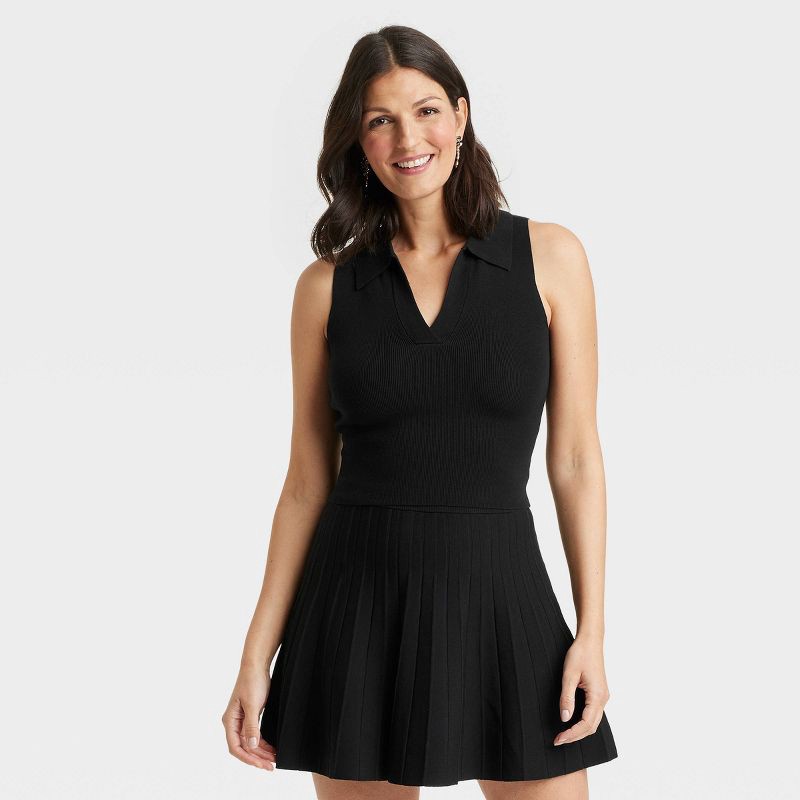 slide 1 of 3, Women's Polo Collar Pullover Sweater Tank - A New Day™ Black XS: Sleeveless Classic Fit, Lightweight Viscose-Nylon Blend, 1 ct