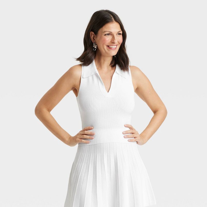 slide 1 of 3, Women's Polo Collar Pullover Sweater Tank - A New Day™ White XS: Sleeveless Lightweight Viscose Blend, 1 ct