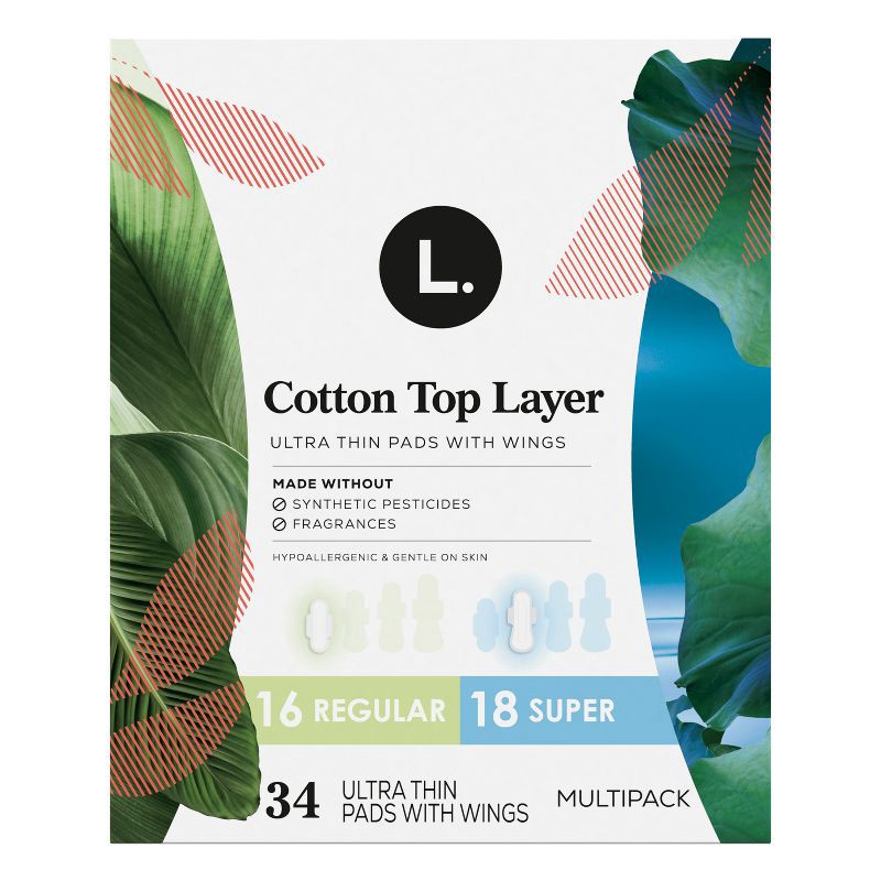 slide 12 of 13, L . L. Organic Cotton Top Layer Ultra Thin Pads - Regular/Super Absorbency - 32ct, 32 ct
