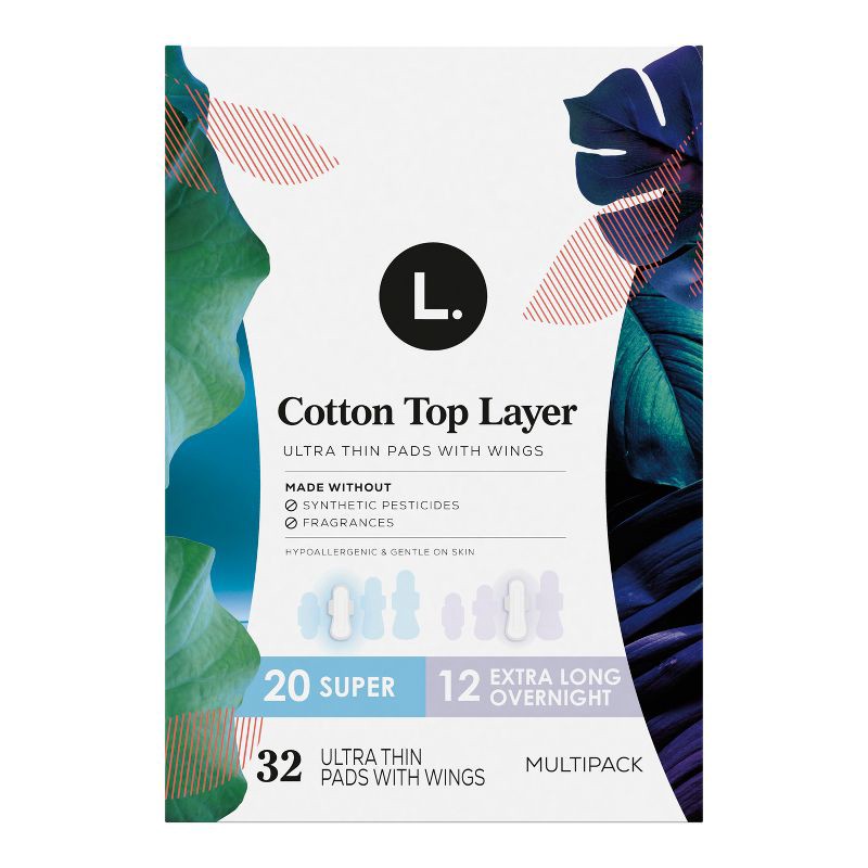 slide 12 of 13, L . L. Organic Cotton Top Layer Ultra Thin Pads - Super/Extra Long Overnight Absorbency - 32ct, 32 ct