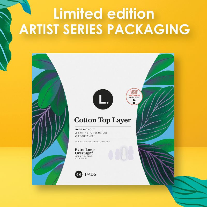 slide 2 of 11, L . L. Organic Cotton Top Layer Ultra Thin Pads with Wings - Extra Long Overnight Absorbency - 48ct, 48 ct