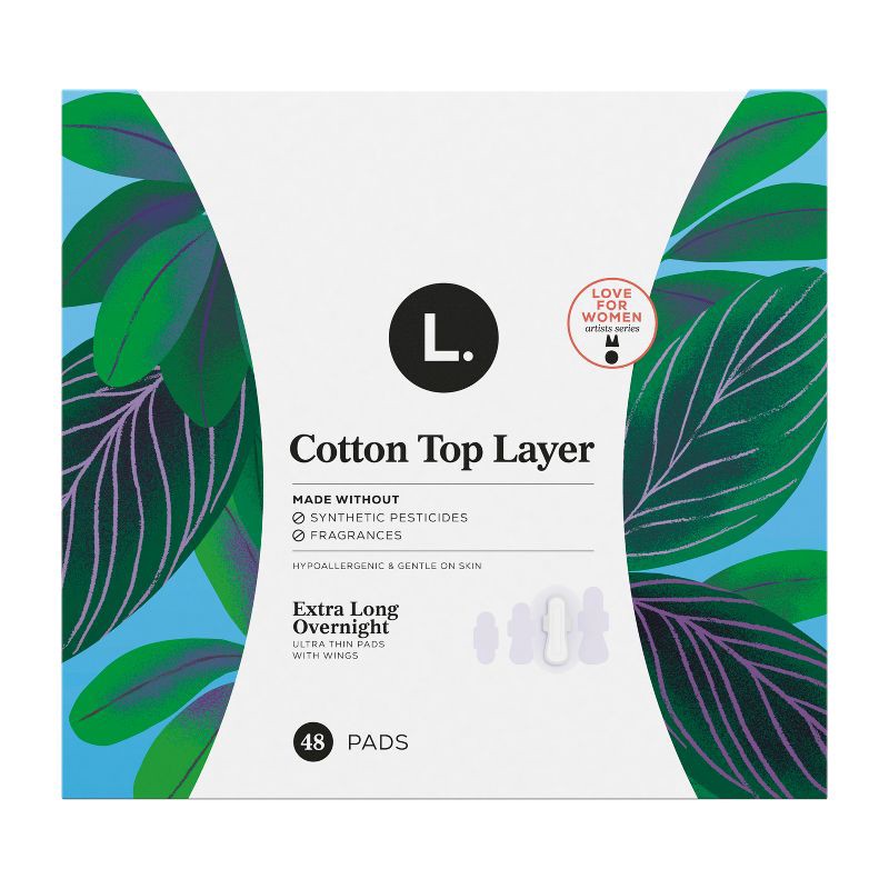 slide 10 of 11, L . L. Organic Cotton Top Layer Ultra Thin Pads with Wings - Extra Long Overnight Absorbency - 48ct, 48 ct