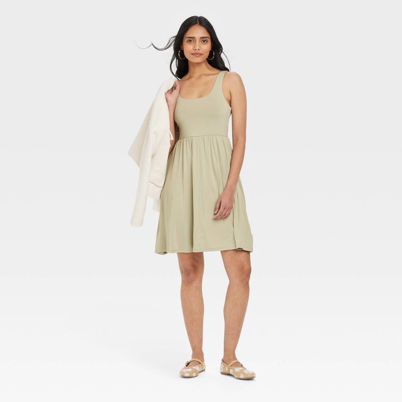 slide 3 of 3, Women's Knit Mini Ballet Dress - A New Day™ Olive XS: Rayon Spandex Blend, Squareneck, Pullover, Side Pocket, 1 ct