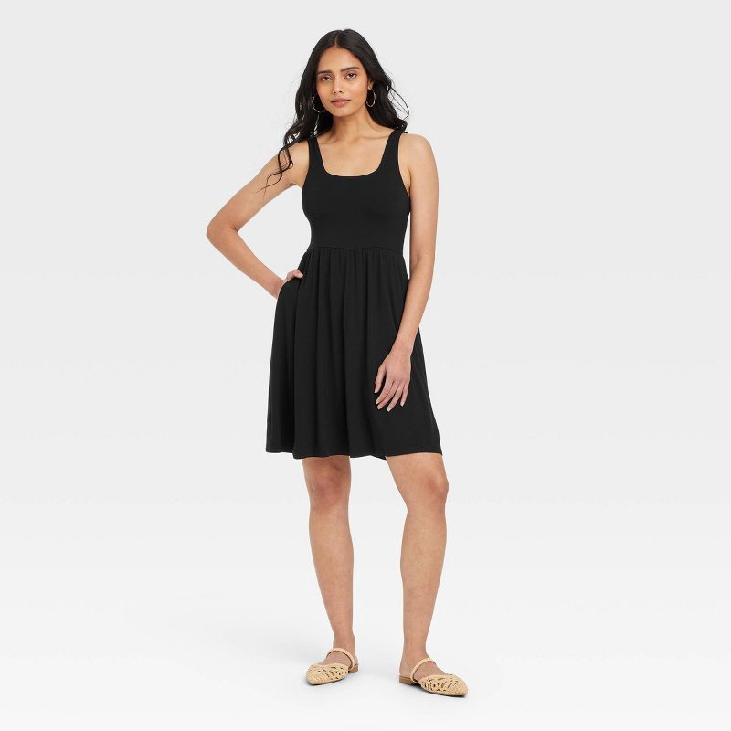 slide 1 of 3, Women's Knit Mini Ballet Dress - A New Day™ Black S: Rayon Spandex Blend, Squareneck, Side Pocket, 1 ct