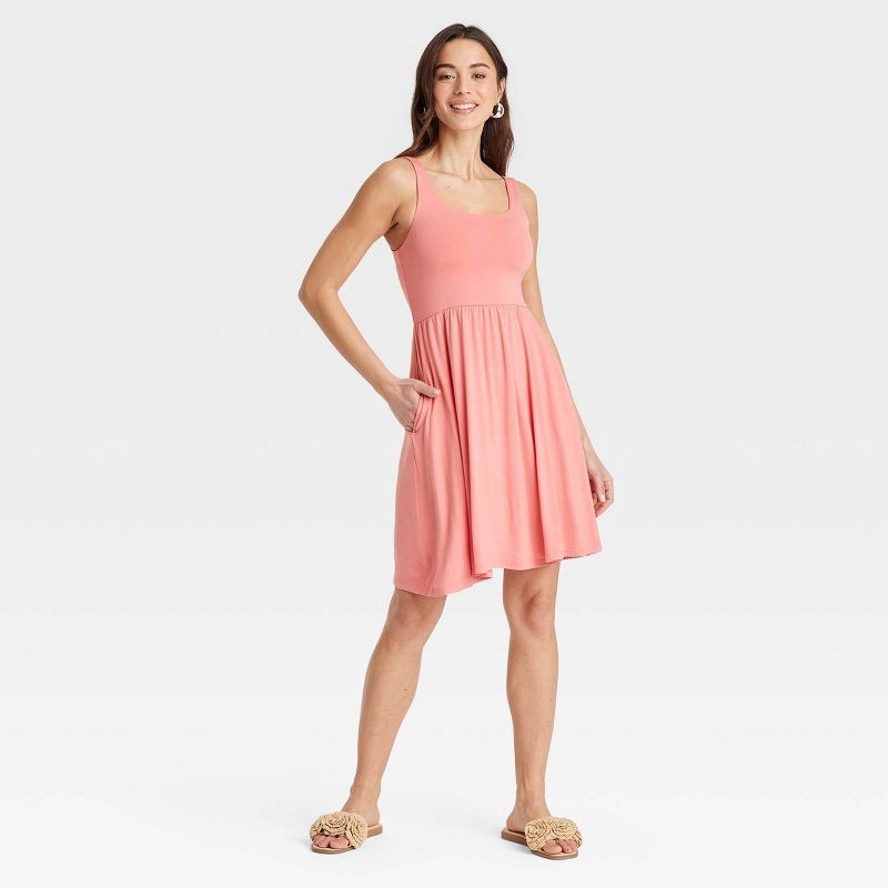 slide 3 of 3, Women's Knit Mini Ballet Dress - A New Day™ Coral M: Rayon-Spandex Blend, Squareneckline, Sleeveless, Side Pocket, Pullover Style, 1 ct