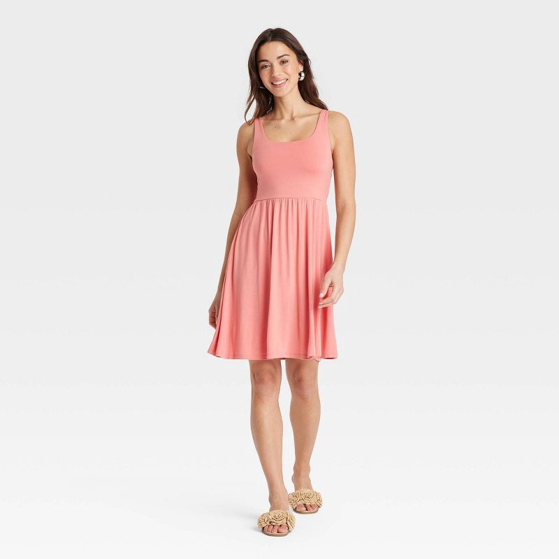 slide 1 of 3, Women's Knit Mini Ballet Dress - A New Day™ Coral M: Rayon-Spandex Blend, Squareneckline, Sleeveless, Side Pocket, Pullover Style, 1 ct