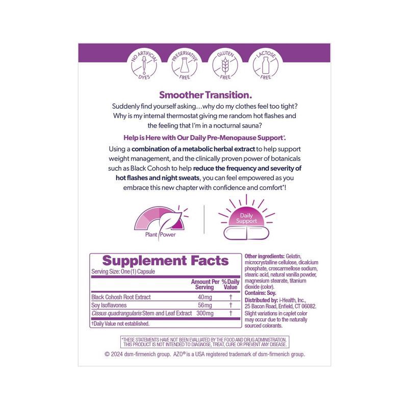 slide 3 of 9, AZO Menopause Relief - Daily Pre-Menopause Support Capsules - 30ct, 30 ct