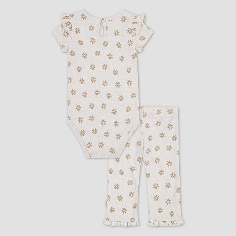 slide 2 of 5, Huggies Baby Girls' Floral Short Sleeve Bodysuit & Pants Set - Tan 3M: Organic Cotton Knit, Crotch Snap, Pull-On Pants, Machine Washable, 1 ct