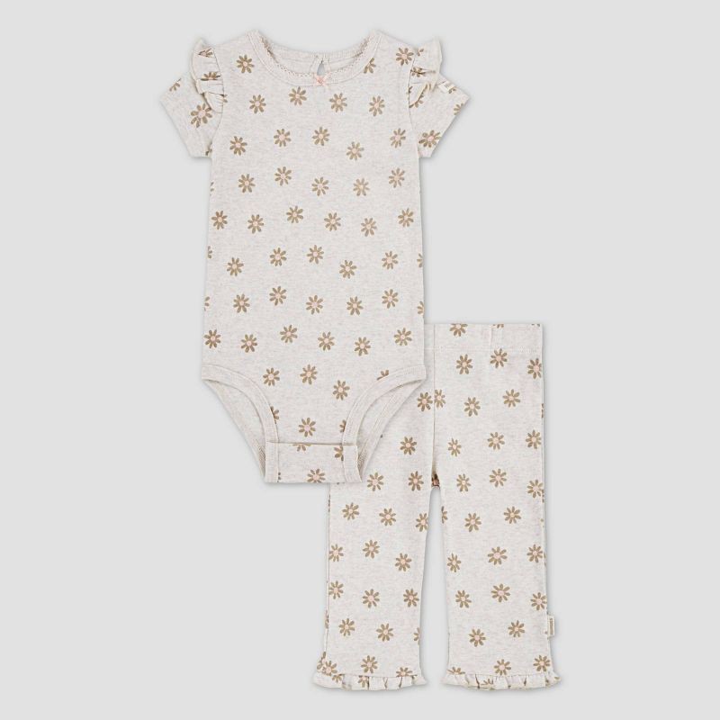 slide 1 of 5, Huggies Baby Girls' Floral Short Sleeve Bodysuit & Pants Set - Tan 3M: Organic Cotton Knit, Crotch Snap, Pull-On Pants, Machine Washable, 1 ct