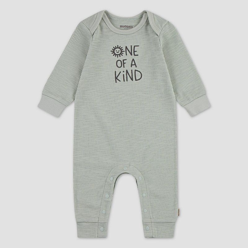 slide 1 of 4, Huggies Baby Words & Greens Romper - Green 9M: Recycled Polyester, Midweight, Pull-On, Crotch Snap, 1 ct