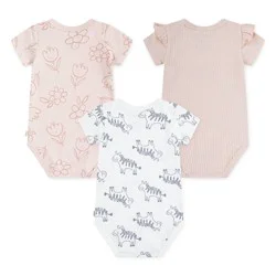 Huggies Baby Girls' Zebras 3pk Short Sleeve Bodysuit - Pink 3M: Organic Cotton, Crotch Snap, Knit Fabric