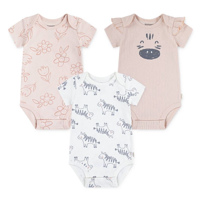 slide 2 of 5, Huggies Baby Girls' Zebras 3pk Short Sleeve Bodysuit - Pink 12M: Organic Cotton, Crotch Snap, Knit Fabric, 3 ct