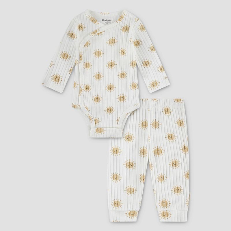 slide 1 of 8, Huggies Baby Long Sleeve Suns Bodysuit & Pants Set - Yellow 3M: Organic Cotton, Knit, Crotch Snap, 1 ct