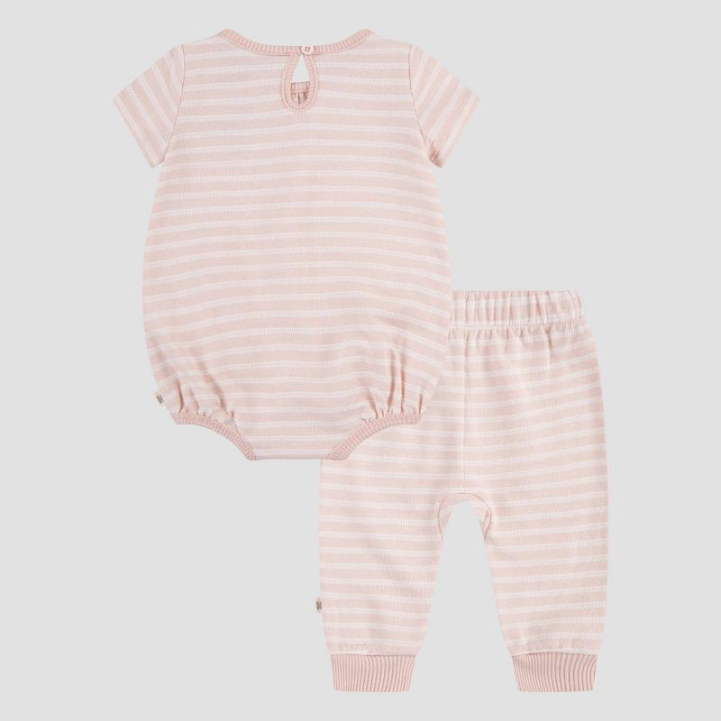 slide 2 of 13, Huggies Baby Girls' Flower Short Sleeve Bodysuit & Pants Set - Pink 6M: Organic Cotton, Floral Knit, Crotch Snap, 1 ct
