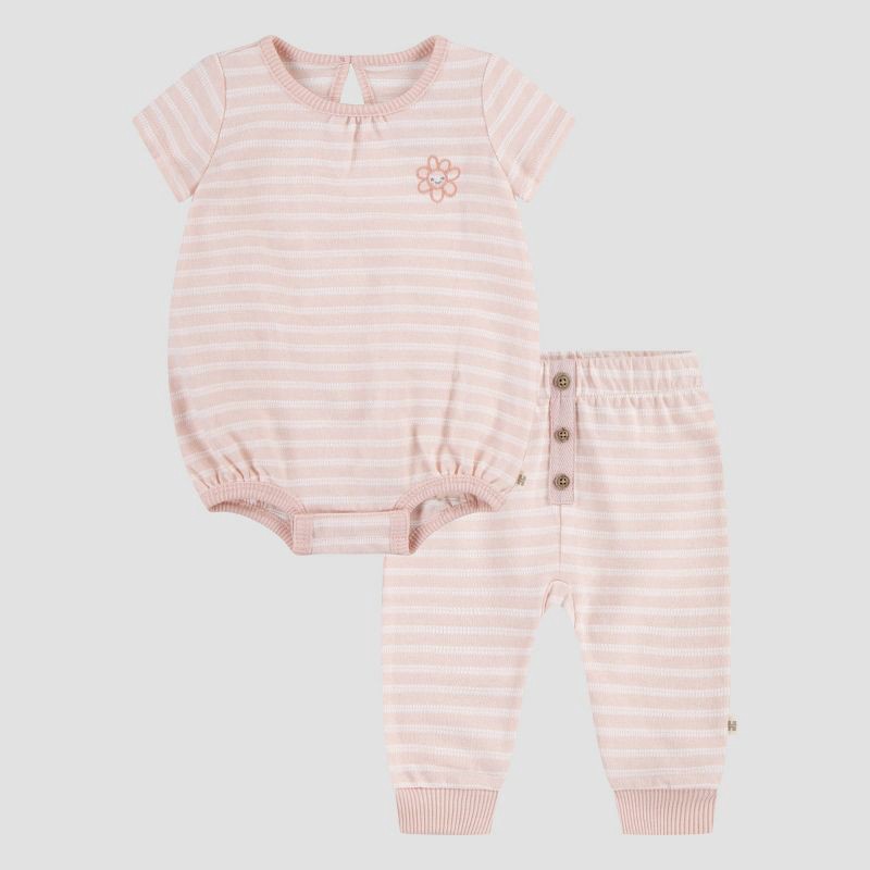 slide 1 of 13, Huggies Baby Girls' Flower Short Sleeve Bodysuit & Pants Set - Pink 9M: Organic Cotton, Floral Knit, 2-Piece, 1 ct