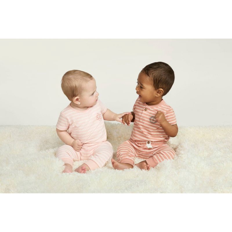 slide 11 of 13, Huggies Baby Girls' Flower Short Sleeve Bodysuit & Pants Set - Pink 9M: Organic Cotton, Floral Knit, 2-Piece, 1 ct
