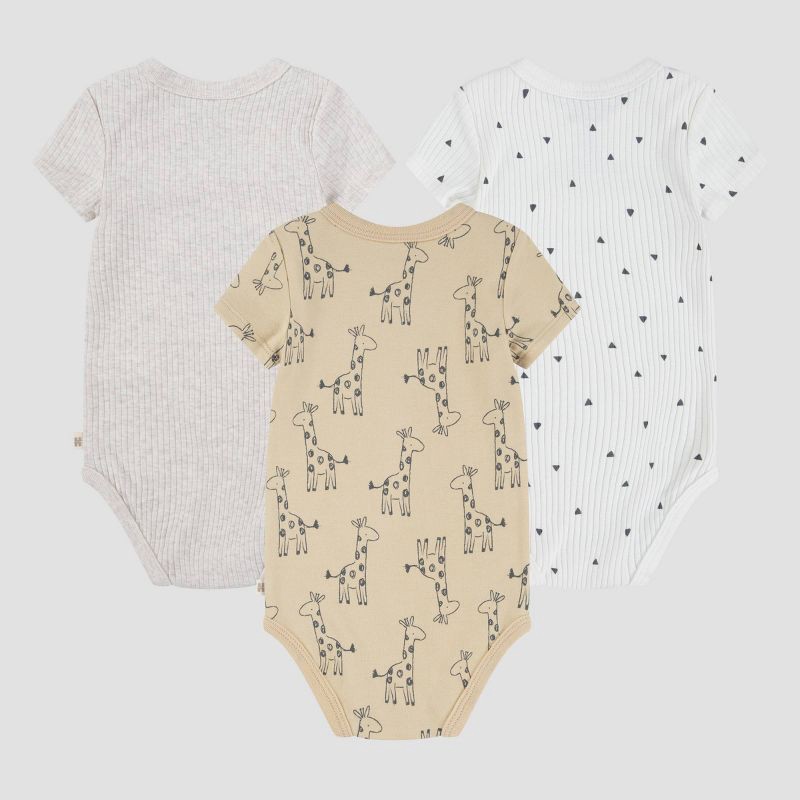 slide 2 of 9, Huggies Baby 3pk Giraffes Short Sleeve Bodysuit - Neutral 3M: Organic Cotton, Animal Pattern, Crotch Snap, 3 ct