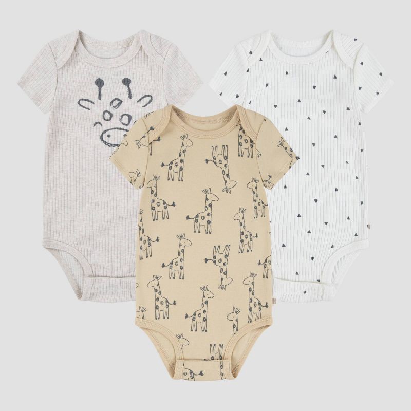 slide 1 of 9, Huggies Baby 3pk Giraffes Short Sleeve Bodysuit - Neutral 9M: Organic Cotton Knit, Crotch Snap Closure, 3 ct