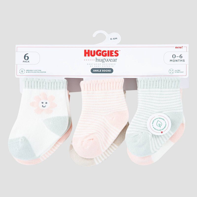 slide 2 of 4, Huggies Baby 6pk Socks - Pink: Organic Cotton, Animal Prints, Ankle Height, 0-6 Months, 6 ct