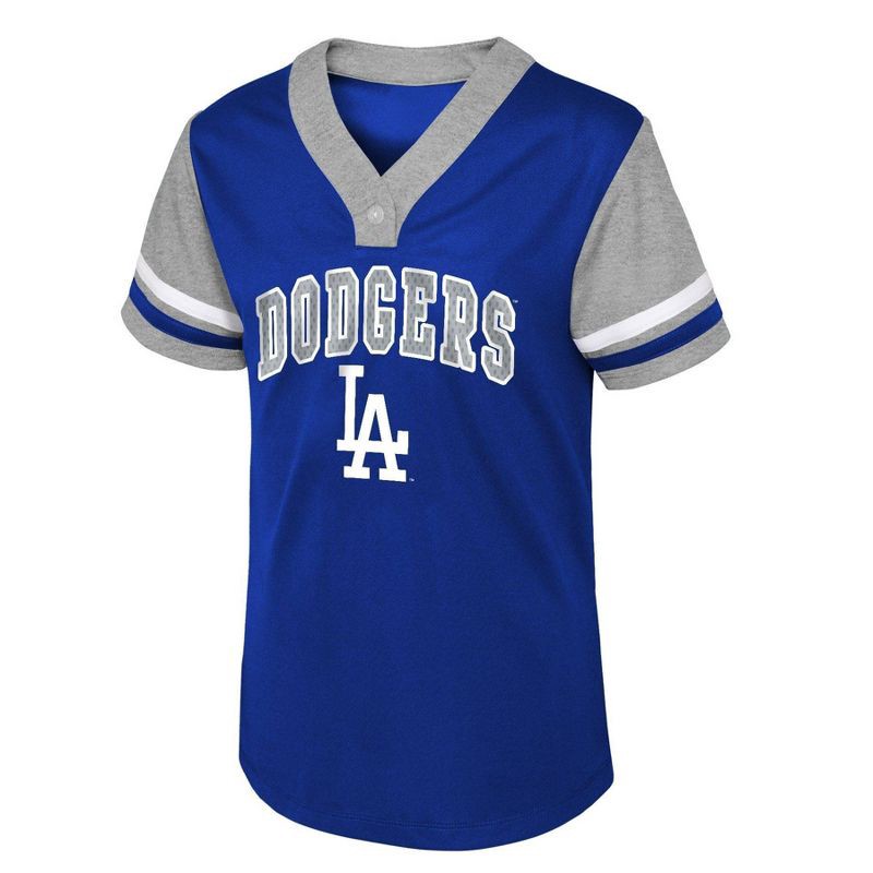 slide 2 of 3, MLB Los Angeles Dodgers Girls' Henley Jersey - L: Team Logo, Fit, V Neck, 1 ct