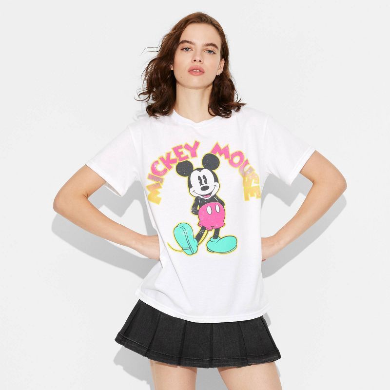slide 1 of 3, Mickey Mouse Women's Mickey Short Sleeve Graphic T-Shirt - White S: Cotton Blend, Crew Neck, Knit Fabric, Tagless, Pullover Style, 1 ct