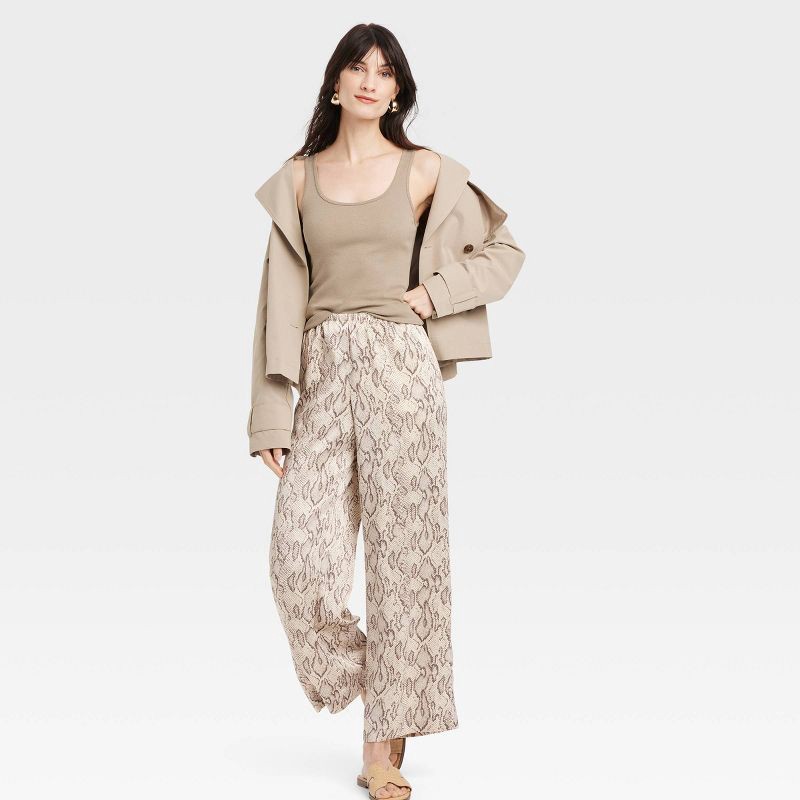 slide 3 of 3, Women's Mid-Rise Pull-On Satin Pants - A New Day™ Cream L: Snakeskin Pattern, Wide Leg, Lightweight Polyester, 30.5" Inseam, 1 ct