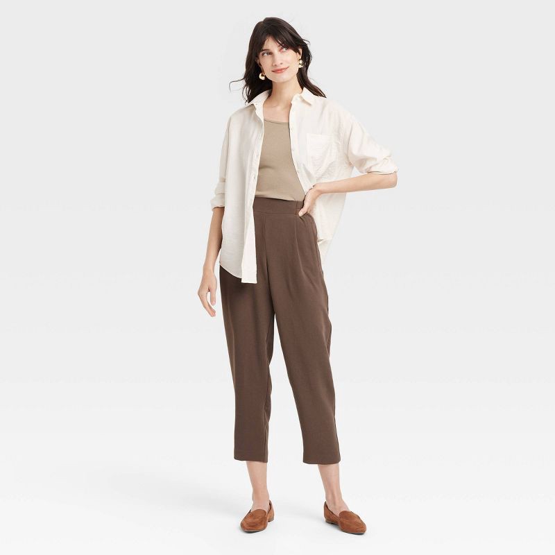 slide 3 of 3, Women's Signature Crepe Tapered Ankle Pull-On Pants - A New Day™ Brown S: High Rise, Midweight Fabric, 1 ct