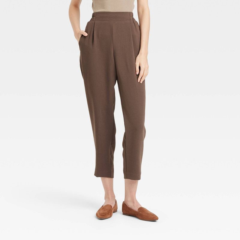 slide 1 of 3, Women's Signature Crepe Tapered Ankle Pull-On Pants - A New Day™ Brown S: High Rise, Midweight Fabric, 1 ct