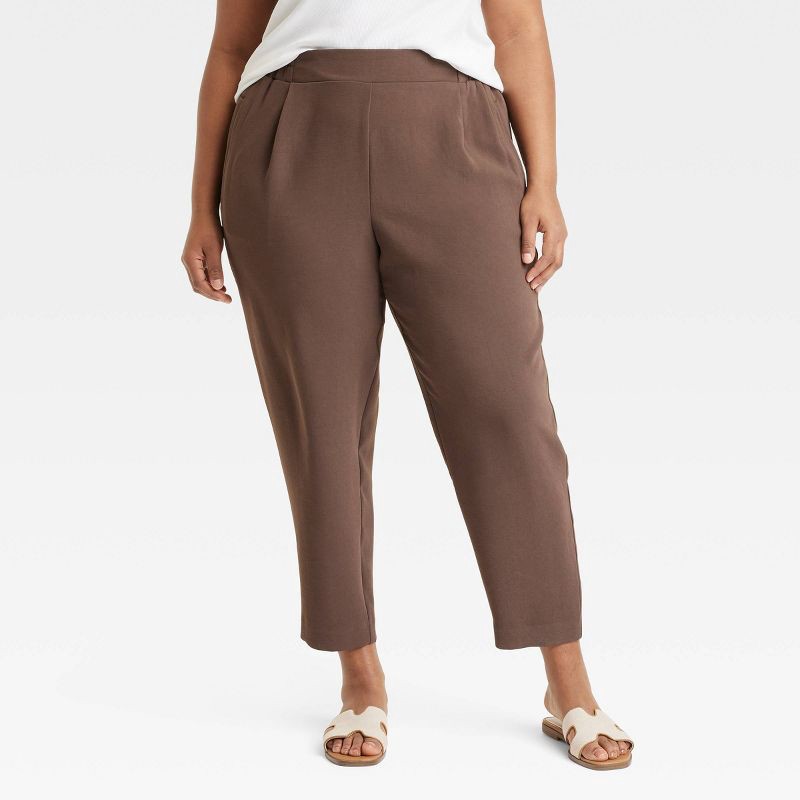slide 1 of 3, Women's Signature Crepe Tapered Ankle Pull-On Pants - A New Day™ Brown L: High Rise, Back Elastic, Midweight, 1 ct