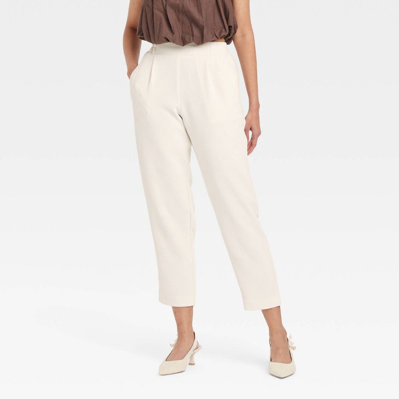 slide 1 of 3, Women's Signature Crepe Tapered Ankle Pull-On Pants - A New Day™ Off-White S: High Rise, Back Elastic, 27" Inseam, 1 ct