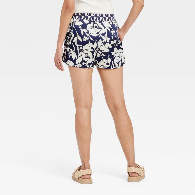 slide 2 of 3, Women's High-Rise Satin Pull-On Shorts - A New Day™ Navy Blue Floral L: Elastic Waistband, 1 ct