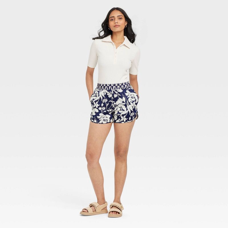 slide 3 of 3, Women's High-Rise Satin Pull-On Shorts - A New Day™ Navy Blue Floral L: Elastic Waistband, 1 ct