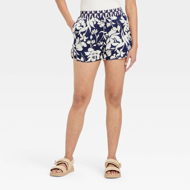 slide 1 of 3, Women's High-Rise Satin Pull-On Shorts - A New Day™ Navy Blue Floral L: Elastic Waistband, 1 ct