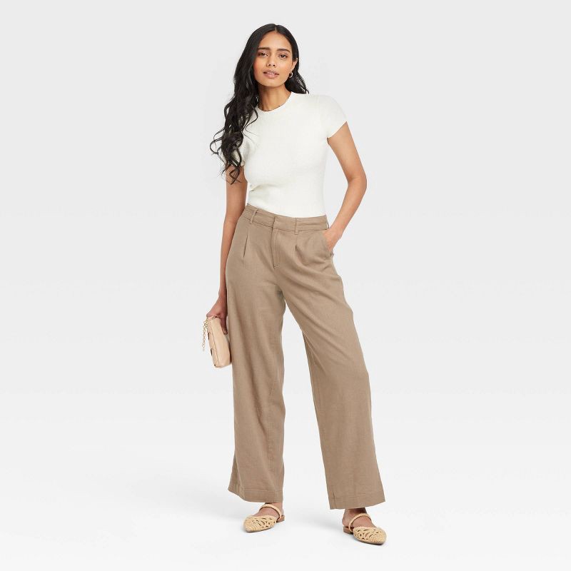 slide 3 of 3, Women's Linen Essential Trouser - A New Day™ Brown 16: High Rise, Straight Leg, Side Pocket, 30.5" Inseam, 1 ct