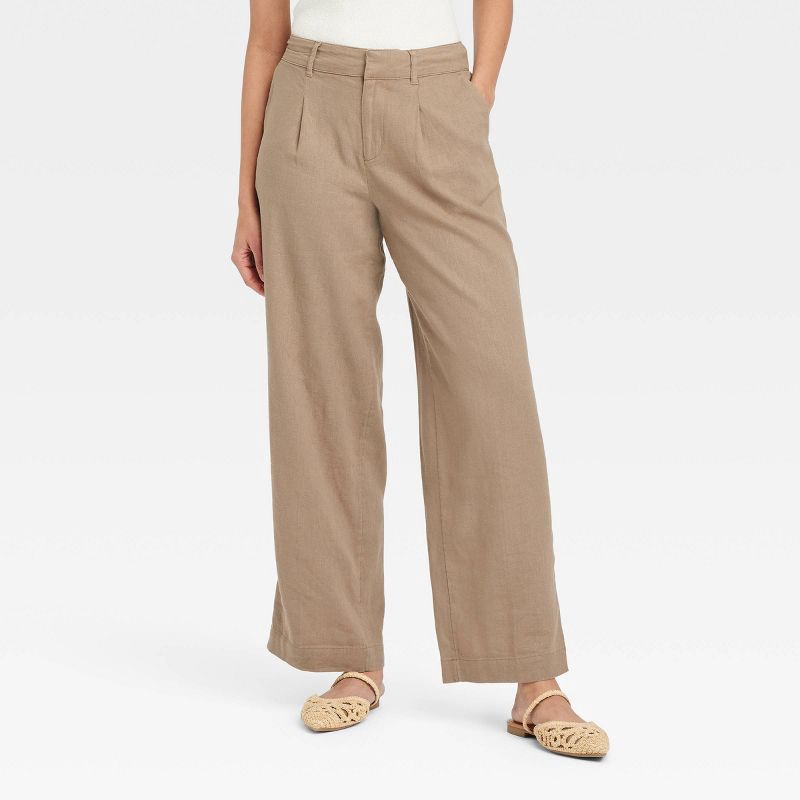 slide 1 of 3, Women's Linen Essential Trouser - A New Day™ Brown 16: High Rise, Straight Leg, Side Pocket, 30.5" Inseam, 1 ct