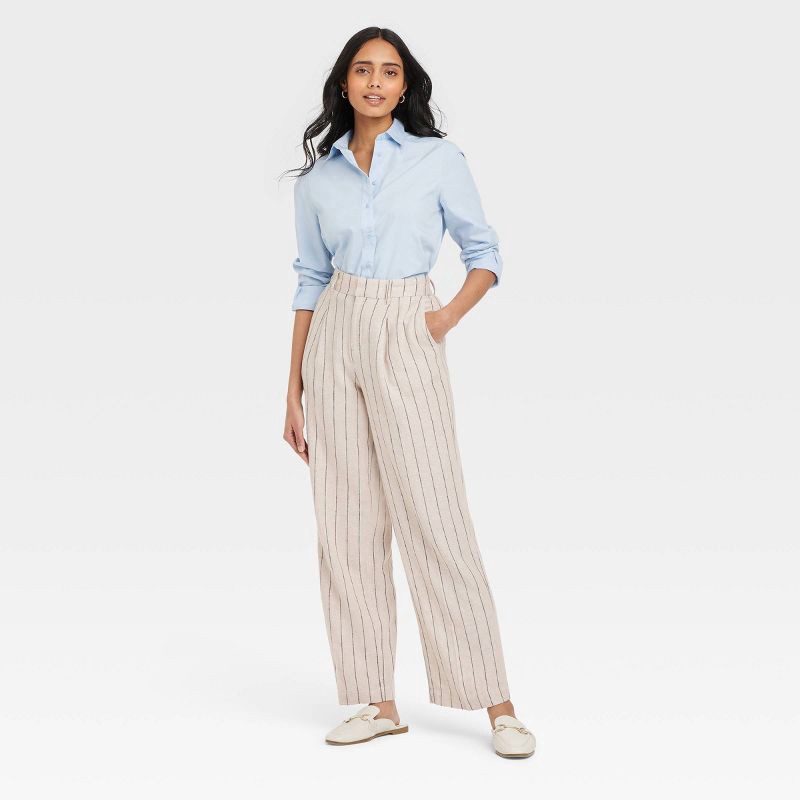 slide 3 of 3, Women's Linen Essential Trouser - A New Day™ Tan Striped 16: High Rise, Side Pocket, 30.5" Inseam, 1 ct