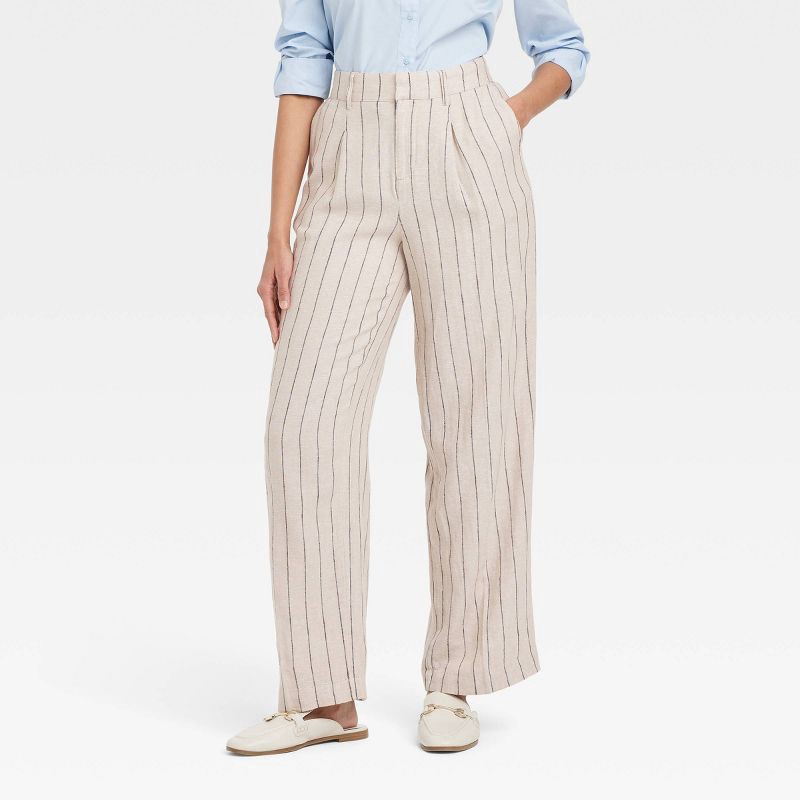 slide 1 of 3, Women's Linen Essential Trouser - A New Day™ Tan Striped 16: High Rise, Side Pocket, 30.5" Inseam, 1 ct