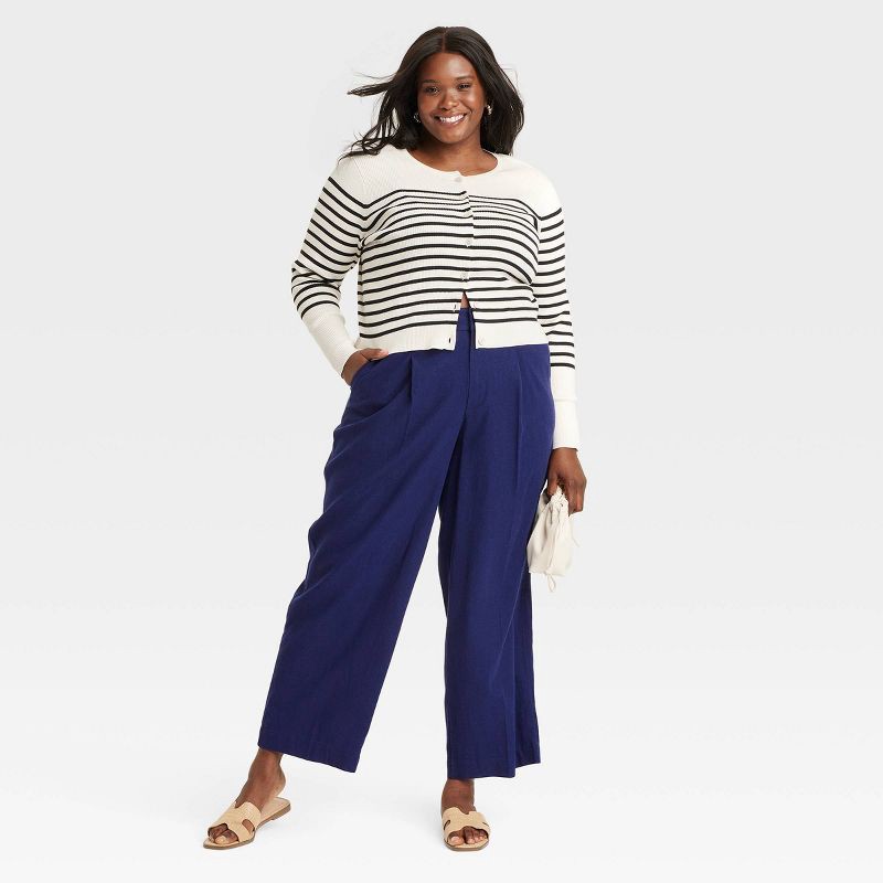 slide 3 of 3, Women's Linen Essential Trouser - A New Day™ Navy 12: High Rise, Straight Leg, Side Pocket, Woven Fabric, 1 ct