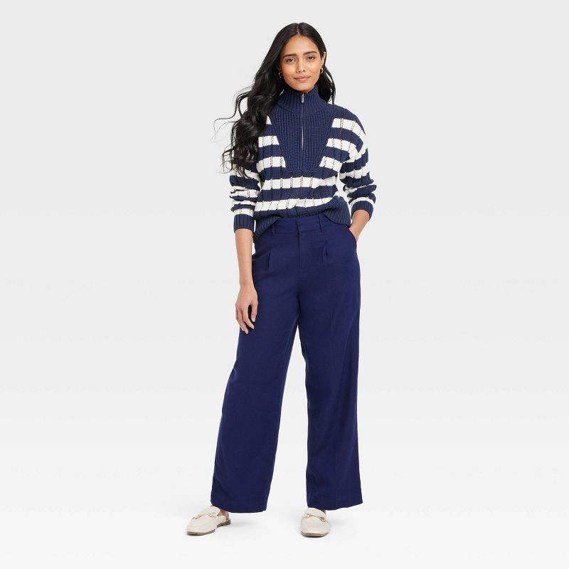 slide 3 of 3, Women's Linen Essential Trouser - A New Day™ Navy 16: High Rise, Regular Fit, Midweight, Straight Leg, Side Pocket, 30.5" Inseam, 1 ct