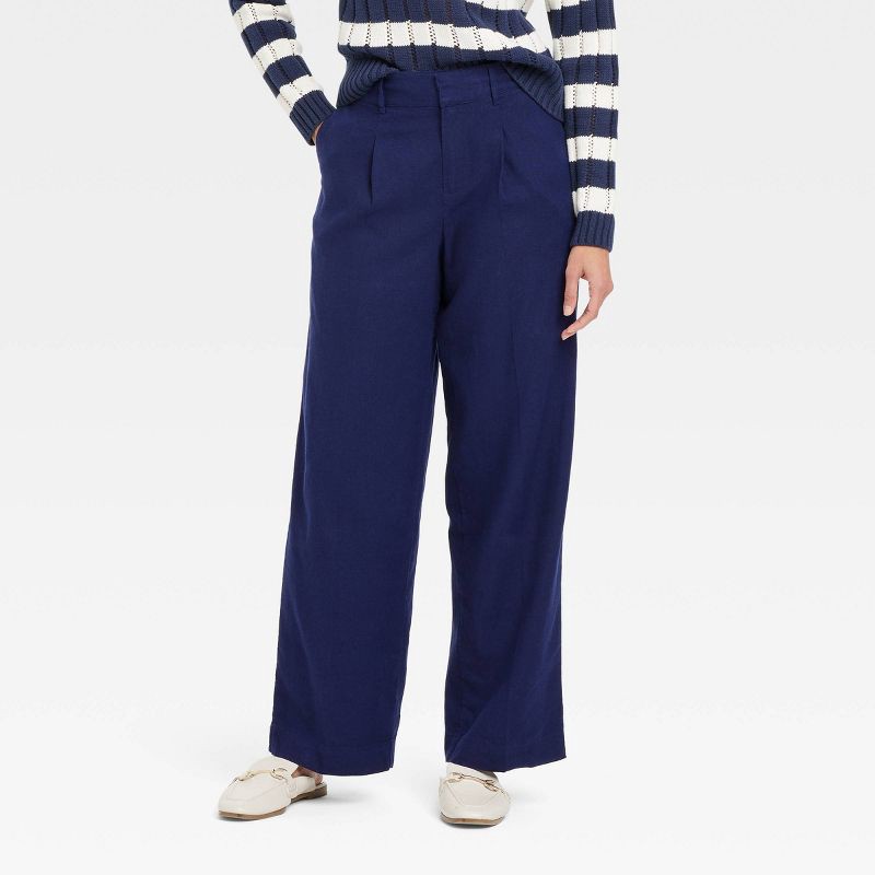 slide 1 of 3, Women's Linen Essential Trouser - A New Day™ Navy 16: High Rise, Regular Fit, Midweight, Straight Leg, Side Pocket, 30.5" Inseam, 1 ct