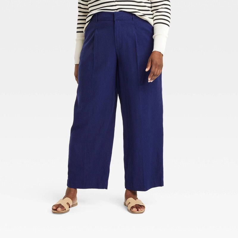 slide 1 of 3, Women's Linen Essential Trouser - A New Day™ Navy 17: High Rise, Midweight, Regular Fit, Straight Leg, Side Pocket, 30.5" Inseam, 1 ct