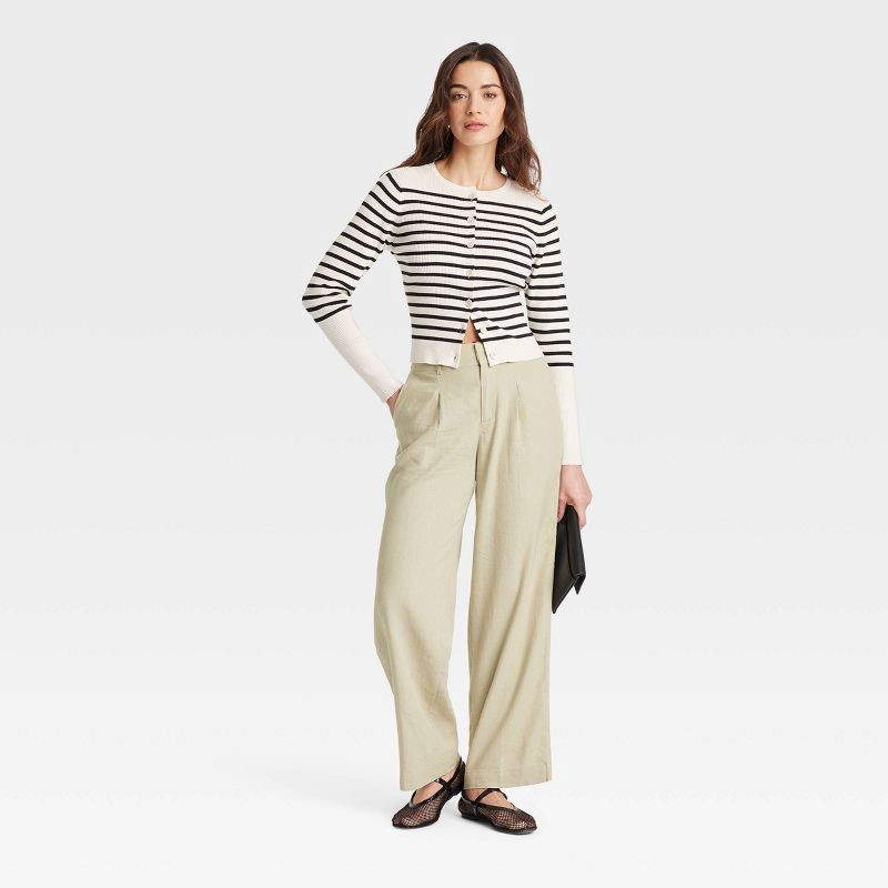 slide 3 of 3, Women's Linen Essential Trouser - A New Day™ Green 6: High Rise, Straight Leg, Side Pocket, Woven Fabric, 1 ct