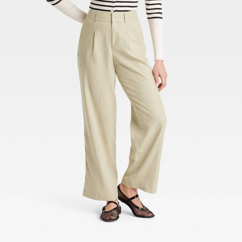 slide 1 of 3, Women's Linen Essential Trouser - A New Day™ Green 6: High Rise, Straight Leg, Side Pocket, Woven Fabric, 1 ct