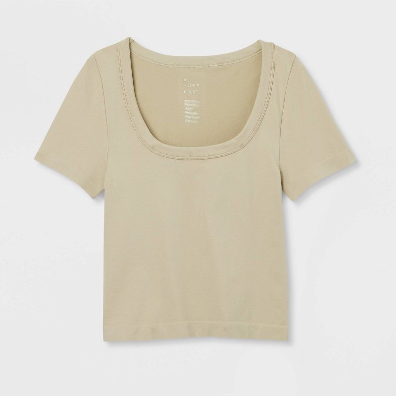 slide 4 of 4, Women's Slim Fit Seamless Short Sleeve Squareneck Baby T-Shirt - A New Day™ Light Green M: Lightweight Nylon Spandex Pullover, 1 ct