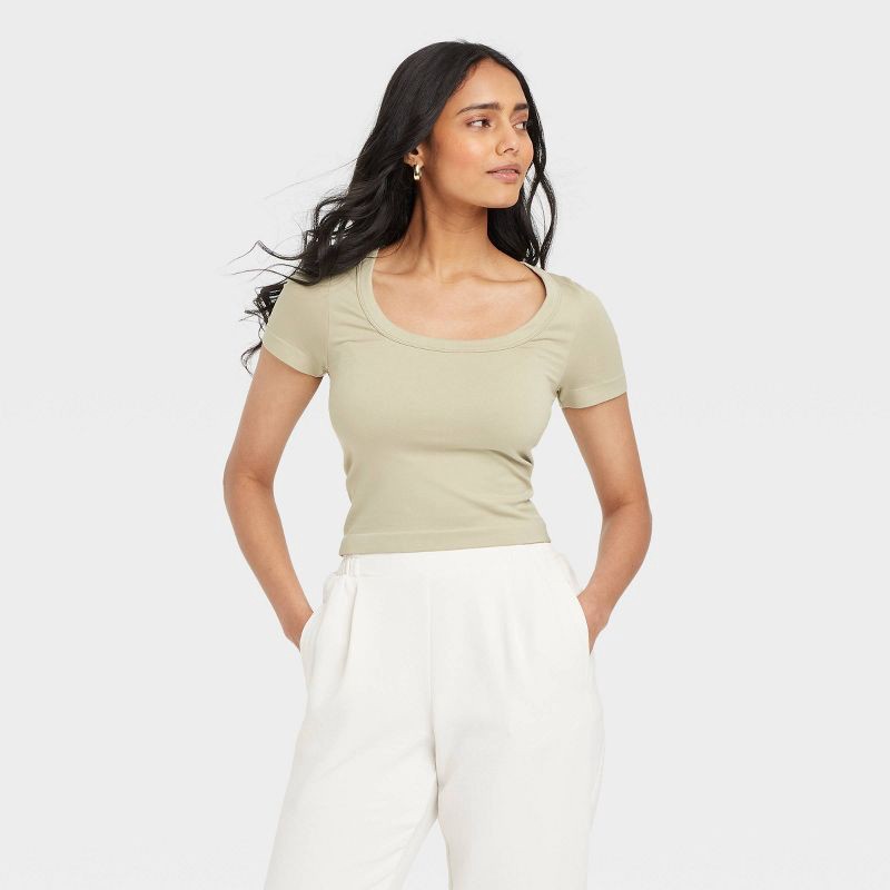 slide 1 of 4, Women's Slim Fit Seamless Short Sleeve Squareneck Baby T-Shirt - A New Day™ Light Green M: Lightweight Nylon Spandex Pullover, 1 ct
