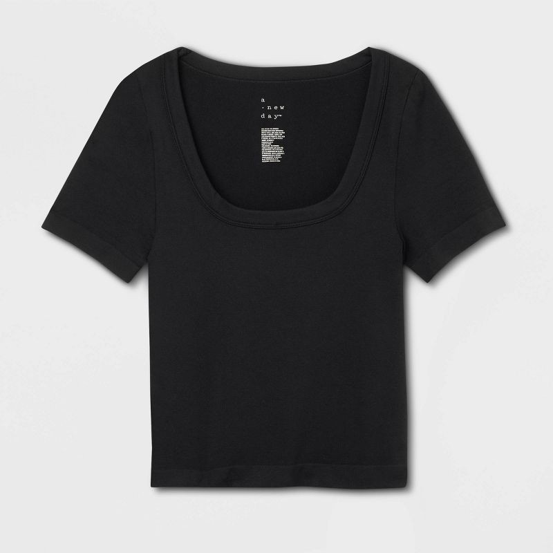 slide 4 of 4, Women's Slim Fit Seamless Short Sleeve Squareneck Baby T-Shirt - A New Day™ Black S: Lightweight Jersey Pullover, 1 ct