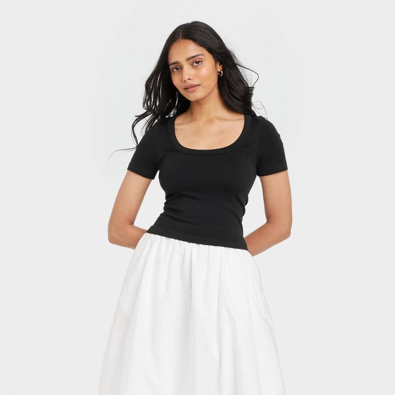 slide 1 of 4, Women's Slim Fit Seamless Short Sleeve Squareneck Baby T-Shirt - A New Day™ Black S: Lightweight Jersey Pullover, 1 ct