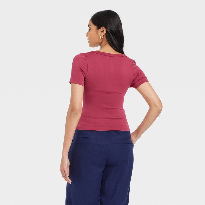 slide 2 of 4, Women's Slim Fit Seamless Short Sleeve Squareneck Baby T-Shirt - A New Day™ Dark Pink M: Lightweight Jersey Pullover, 1 ct